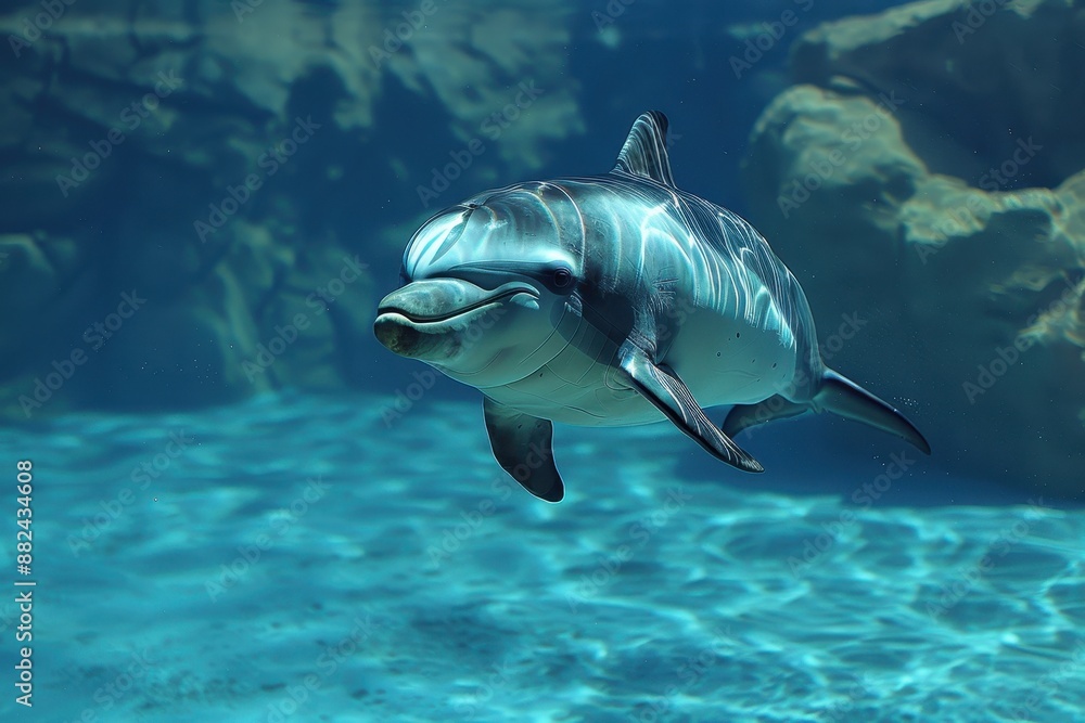 A Vaquita dolphin swimming gracefully in clear blue waters, its small, rounded body and distinctive dark patches around its eyes visible. A Vaquita dolphin swimming gracefully in clear blue waters, its small, rounded body and distinctive dark patches around its eyes visible.