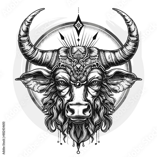 A black and white drawing of a bull with horns and a sun in the background. The bull has a fierce and powerful look to it, and the sun adds a sense of warmth and energy to the scene