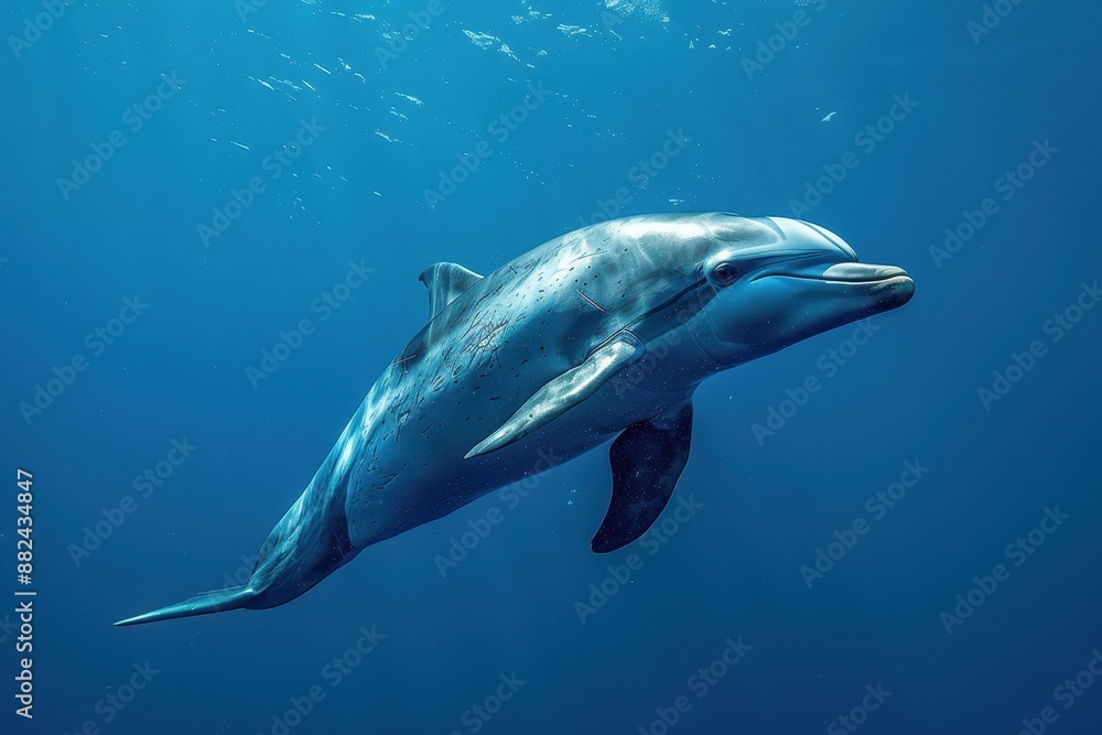 Naklejka premium A Vaquita dolphin swimming gracefully in clear blue waters, its small, rounded body and distinctive dark patches around its eyes visible. 