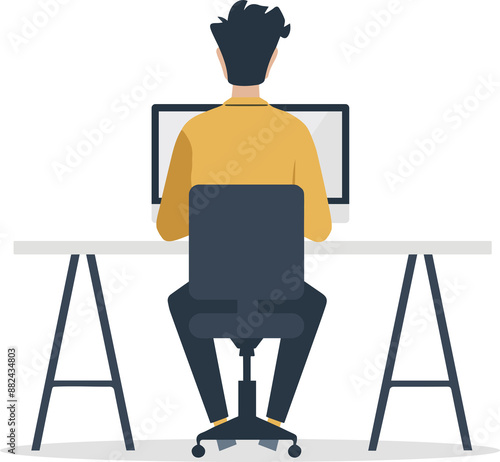 Man sitting at a desk with a computer screen, viewed from behind	