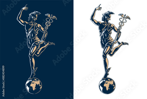 Mercury or Hermes and Earth globe, patron god of trade, commerce, financial gain and communication, in winged helmet, holding caduceus staff, isolated on the white background. Vector illustration