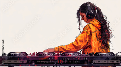 Young dj wearing headphones is mixing music on a digital console in a nightclub setting