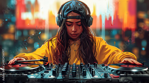 Young dj wearing headphones is mixing music on a digital console in a nightclub setting