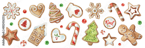 Gingerbread clipart. Watercolor Christmas illustrations set. New Year holiday decor. Winter traditional cookie with ornament: man, tree, stars, heart, noel, house, snowflake, candy.