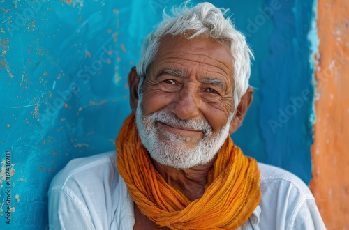 Elderly Man With White Hair and Beard Wearing Orange Scarf in Front of Blue Wall