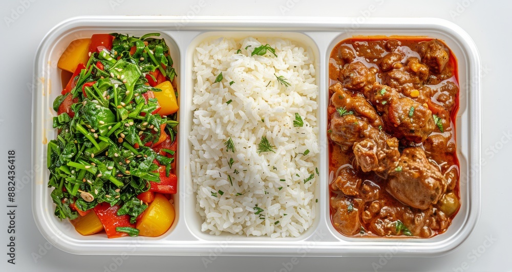 Prepared Meal With Beef Stew, White Rice, and Green Salad Prepared Meal With Beef Stew, White Rice, and Green Salad