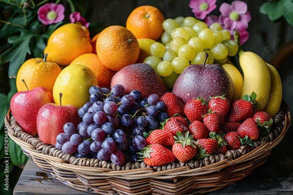 A vibrant basket filled with a variety of fresh fruits including apples, oranges, bananas, grapes, and strawberries, all glistening with morning dew. A vibrant basket filled with a variety of fresh fruits including apples, oranges, bananas, grapes, and strawberries, all glistening with morning dew.