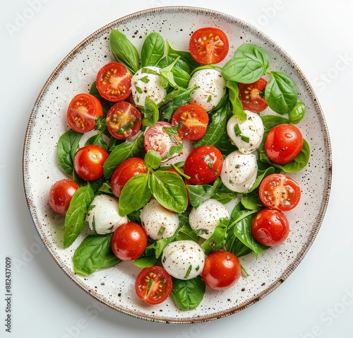 Fresh Caprese Salad With Cherry Tomatoes and Basil on a White Plate