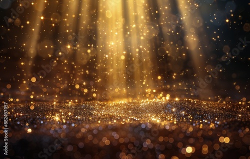 Golden Glitter and Light Rays on a Dark Background