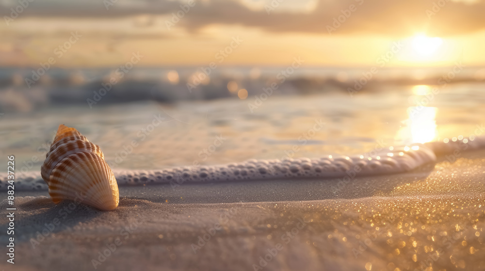tranquil sunrise over a sandy beach with a solitary seashell in the foreground tranquil sunrise over a sandy beach with a solitary seashell in the foreground