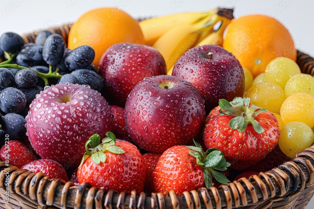 A vibrant basket filled with a variety of fresh fruits including apples, oranges, bananas, grapes, and strawberries, all glistening with morning dew. A vibrant basket filled with a variety of fresh fruits including apples, oranges, bananas, grapes, and strawberries, all glistening with morning dew.
