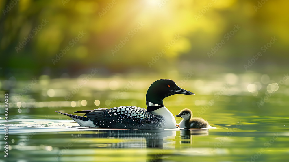 Adult loon caring for its baby chick in a serene lake setting with space for text or graphics. Copy space image. Place for adding text and design