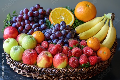 A vibrant basket filled with a variety of fresh fruits including apples, oranges, bananas, grapes, and strawberries, all glistening with morning dew. 