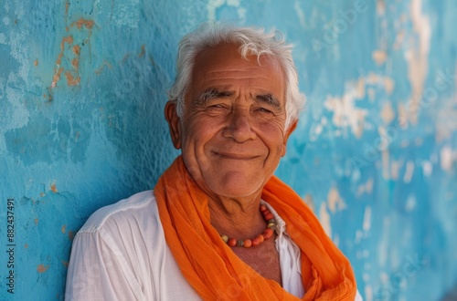 Portrait of a Smiling Elderly Man Wearing an Orange Scarf Against a Blue Wall