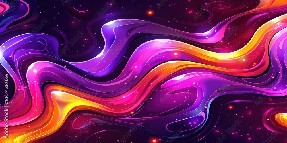 Abstract digital artwork featuring vibrant waves of purple, pink, and yellow against a dark background with scattered, glowing stars Abstract digital artwork featuring vibrant waves of purple, pink, and yellow against a dark background with scattered, glowing stars