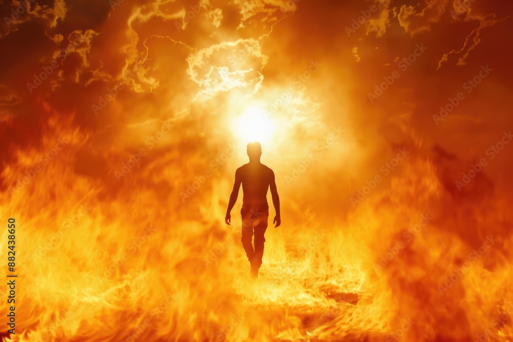 A lone figure walks through an inferno of fire, their silhouette outlined against a brilliant light in the sky A lone figure walks through an inferno of fire, their silhouette outlined against a brilliant light in the sky