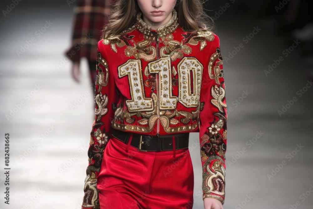 A runway model in a red embroidered jacket walks the runway, her confidence radiating as she showcases the intricate design A runway model in a red embroidered jacket walks the runway, her confidence radiating as she showcases the intricate design