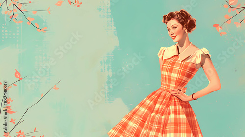 Vintage style illustration of a smiling woman in a dress