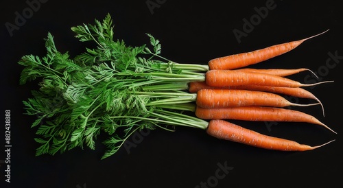 A Bunch of Fresh Carrots With Green Tops on a Black Background