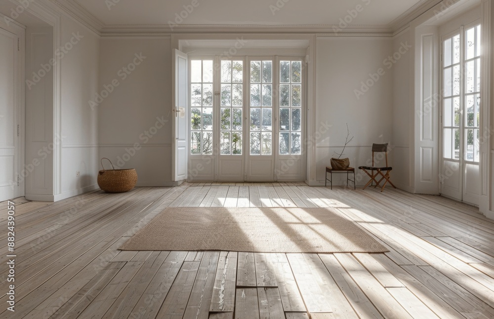 Sunlight Streaming Through French Doors Into A Bright, White Room Sunlight Streaming Through French Doors Into A Bright, White Room