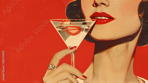 Vintage-style illustration of a woman with a martini