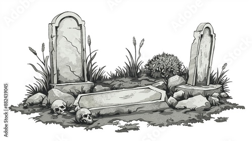 Ancient Gravestone Sketch on White Background - Vintage Granite Tombstone Artwork | Stock Vector photo