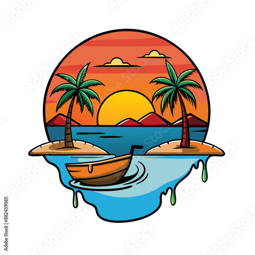 Summer Vibes - modern boat with palm trees and ocean retro style background