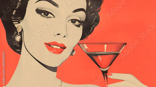 Vintage-style illustration of a woman with a martini photo