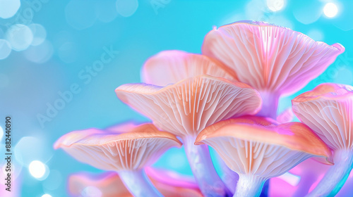 Vibrant Wild Mushrooms in Natural Environment. Beautiful Mushroom Caps in Blue Background photo