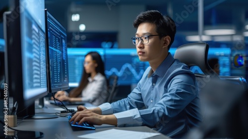 a man sitting at a desk with two monitors