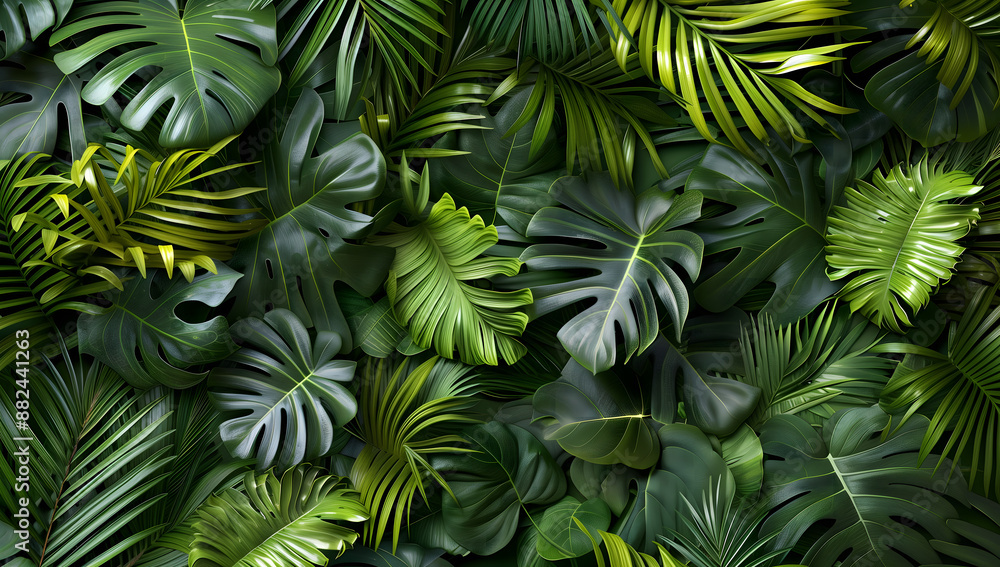 Tropical leaves green background including palm fronds creating exotic jungle atmosphere Palm Fronds Leaves Concept Tropical leaves green background including palm fronds creating exotic jungle atmosphere Palm Fronds Leaves Concept