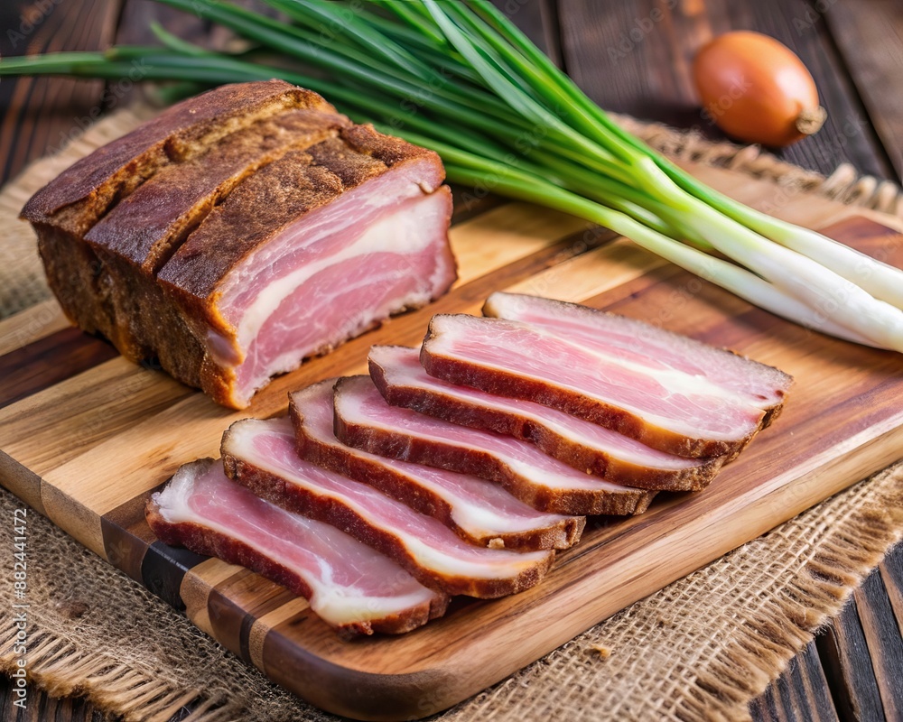 Cured pork slices on a wooden board with green onions, perfect for a traditional meal. Cured pork slices on a wooden board with green onions, perfect for a traditional meal.