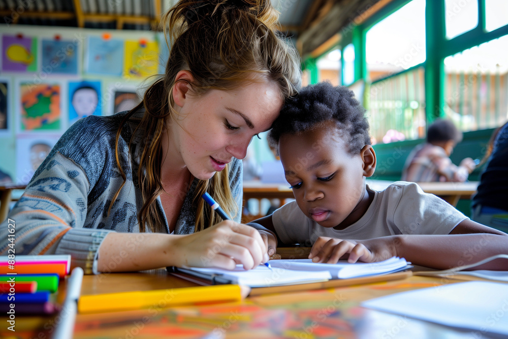 Fototapeta premium Teacher Teaching and Tutoring Child in Arts Classroom