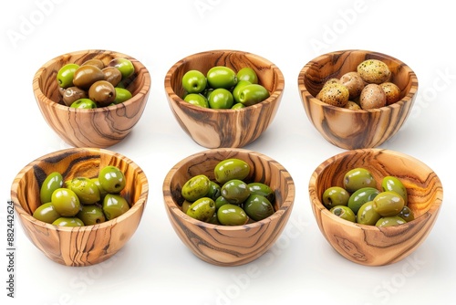 Wallpaper Mural Six wooden bowls filled with green olives on a white surface Torontodigital.ca