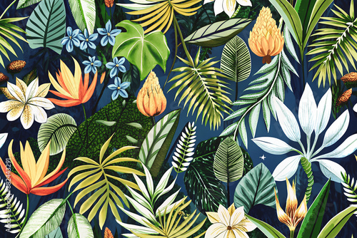 Wallpaper Mural Bright seamless background with tropical plants, flowers, tropical flora. Floral plant background Torontodigital.ca
