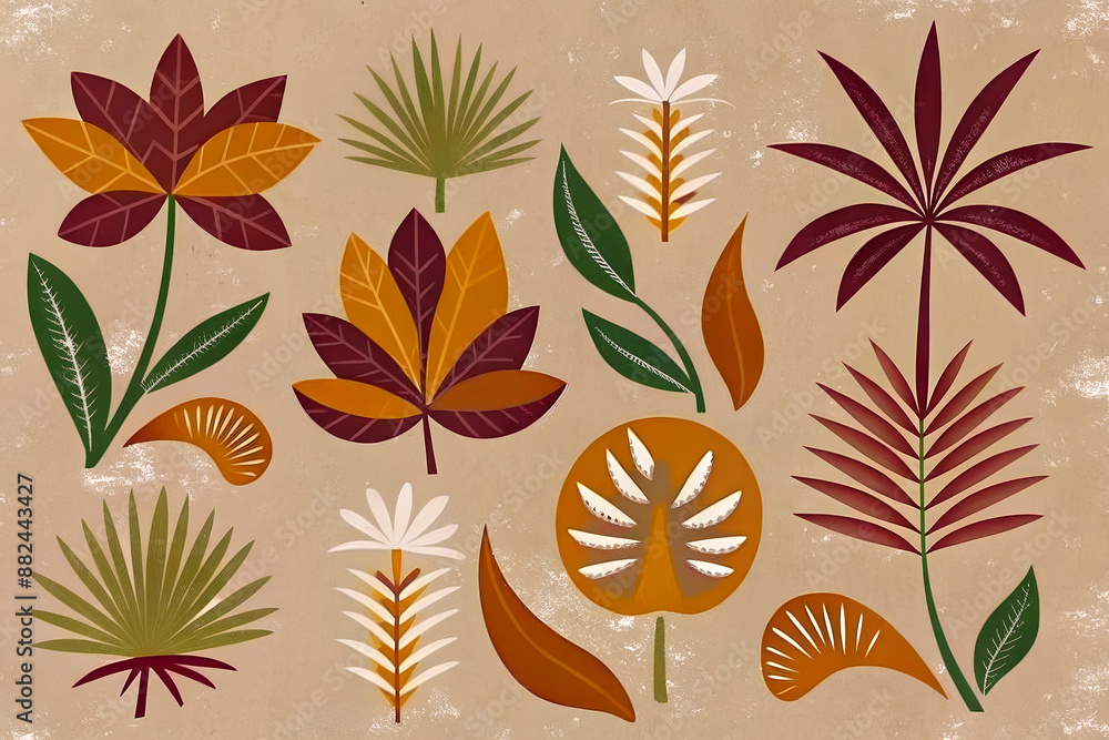 Set of various tropical leaves on a beige background in vintage retro style Set of various tropical leaves on a beige background in vintage retro style