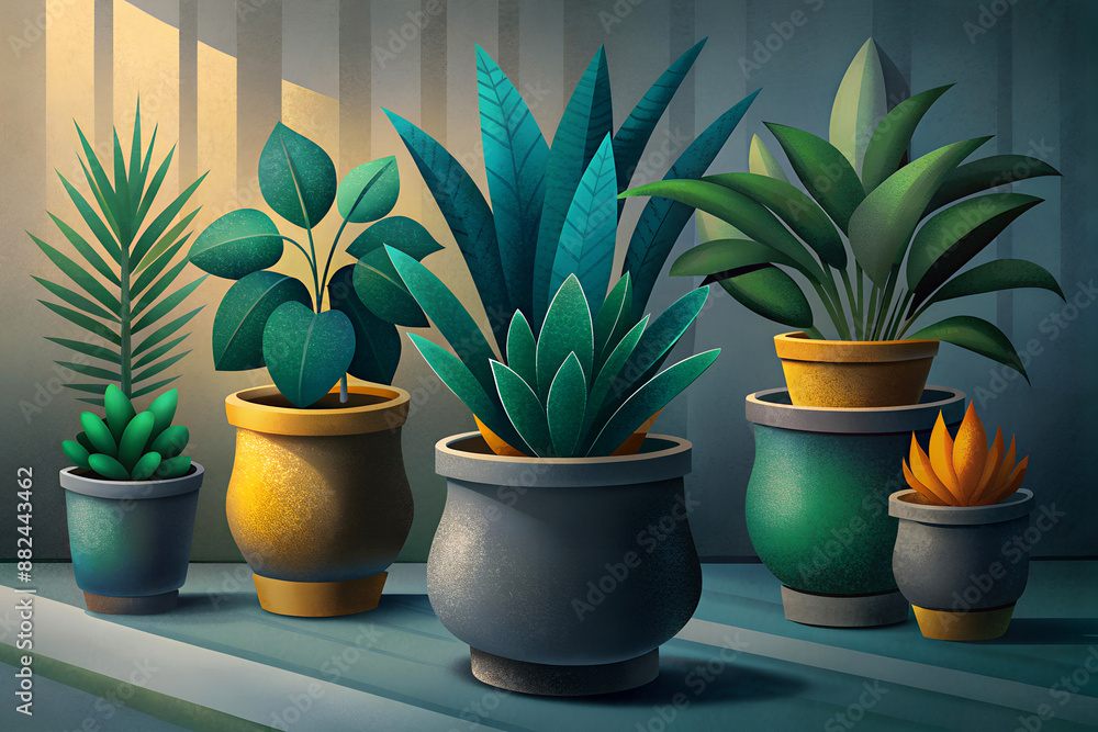 Fototapeta premium Illustration of a still life with various indoor plants in pots under artificial evening light