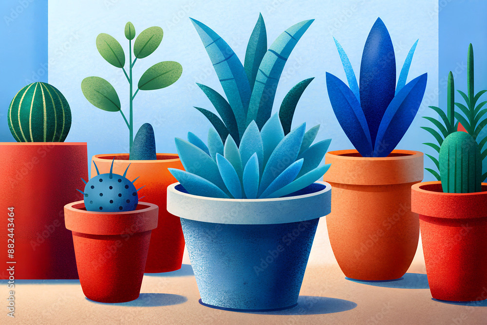 Fototapeta premium Illustration of a still life of various indoor plants in pots in natural daylight near the window...