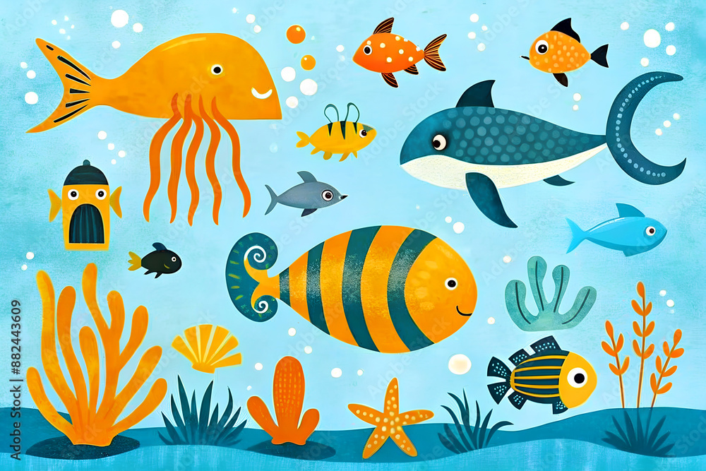Naklejka premium Illustration sea fish, underwater world in children's style