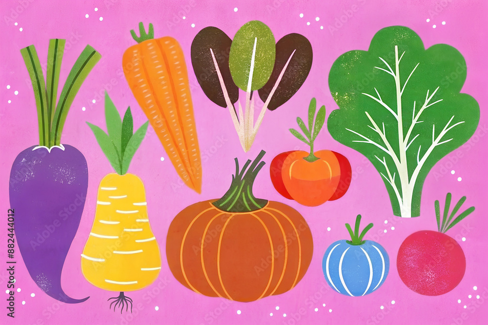 Set of various vegetables on a pink background in vintage retro pop style Set of various vegetables on a pink background in vintage retro pop style