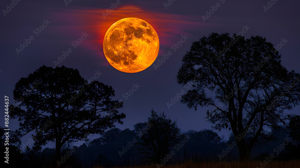 An orange moon rising behind the silhouettes of trees, creating a dramatic twilight scene with a darkening sky. An orange moon rising behind the silhouettes of trees, creating a dramatic twilight scene with a darkening sky.