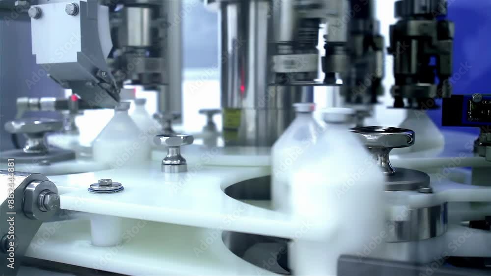 Close-Up of Pharmaceutical Factory Machine Handling Bottles of Veterinary Medicine – 4K Resolution Close-Up of Pharmaceutical Factory Machine Handling Bottles of Veterinary Medicine – 4K Resolution