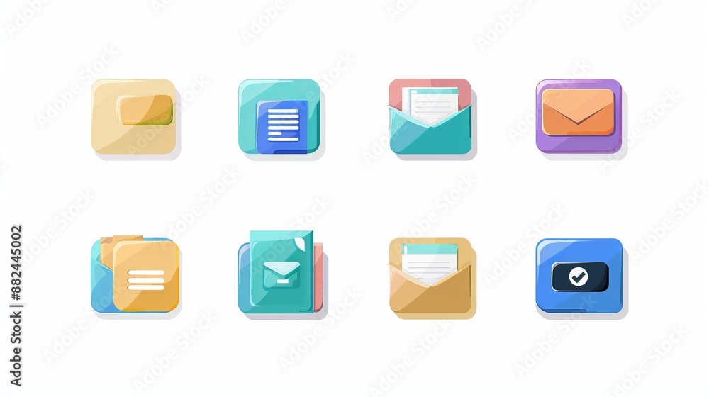 This image showcases eight colorful glossy icons depicting various types of documents, each characterized by vibrant colors and a modern, sleek appearance, ideal for visual communication. This image showcases eight colorful glossy icons depicting various types of documents, each characterized by vibrant colors and a modern, sleek appearance, ideal for visual communication.