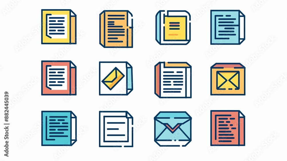 A diverse set of colorful document and folder icons with a linear style, showcasing various file statuses and designs, perfect for enhancing user interface with vibrant lines and highlights. A diverse set of colorful document and folder icons with a linear style, showcasing various file statuses and designs, perfect for enhancing user interface with vibrant lines and highlights.