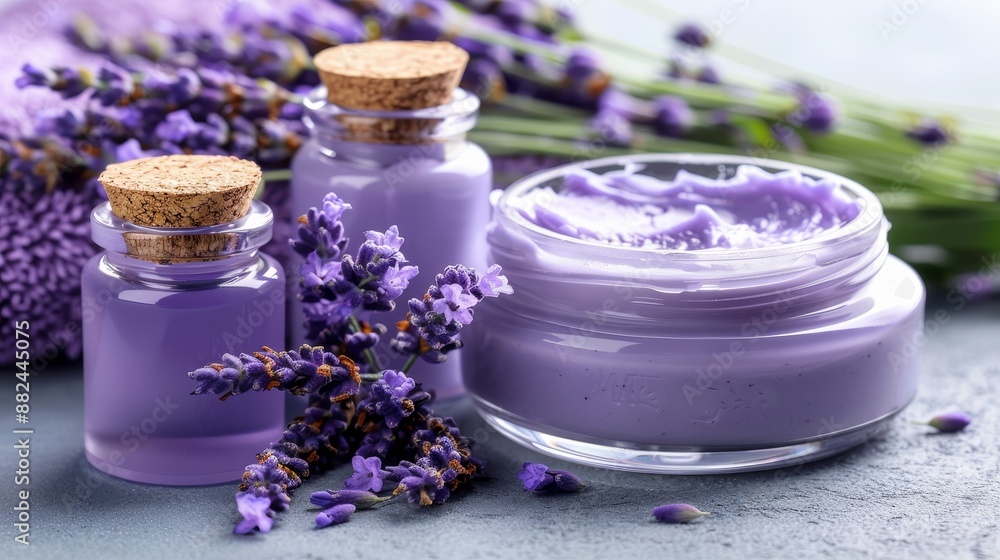 Detailed close up of lavender cream and fresh petals, minimalist stock photo in hyperrealistic style Detailed close up of lavender cream and fresh petals, minimalist stock photo in hyperrealistic style