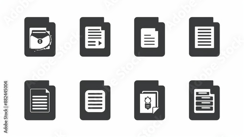 A set of eight simple document icons in a flat monochrome style with various document designs, representing different file types and statuses in a minimalist format. photo