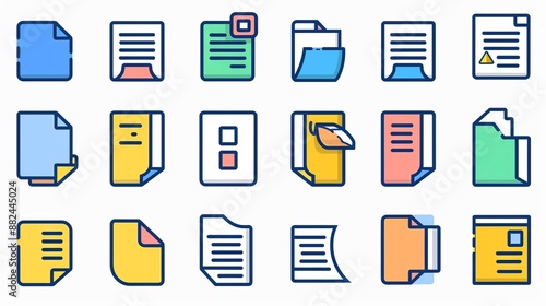 A collection of outlined document icons each with diverse file designs, representing different digital document formats and statuses, outlined with vibrant colors and clear symbols. photo