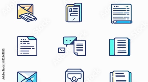 This image consists of various icons that represent different types of documents and media, depicted in colorful and illustrative styles for visual appeal. photo