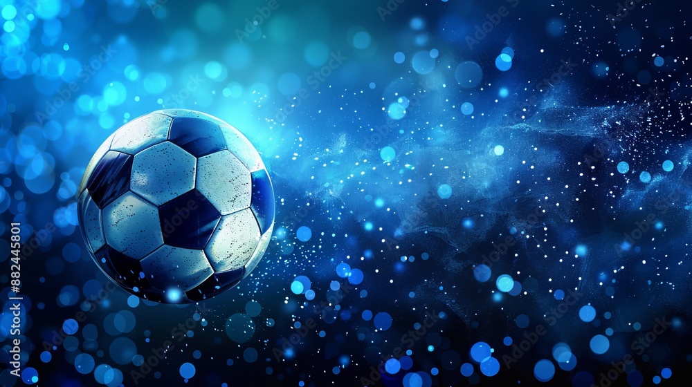 Fototapeta premium A soccer ball floating amidst a sea of blue light particles, creating a mesmerizing and ethereal effect that evokes a sense of wonder and excitement, set against a soft-focus backdrop.