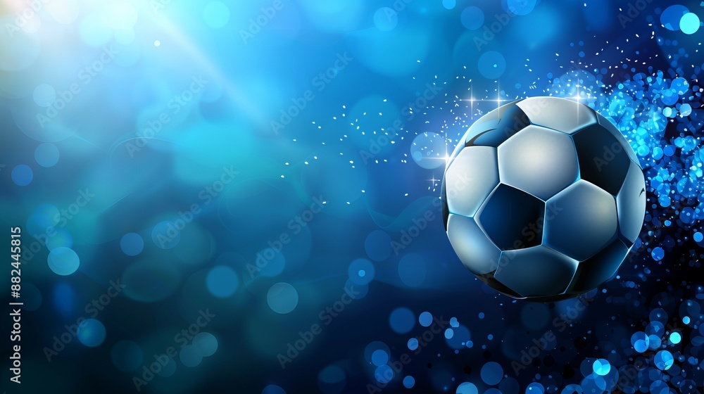 Fototapeta premium A soccer ball encased in a blue glowing aura with sparkling effects, set against a captivating and ethereal background that highlights the ball’s elegance and dynamic energy.